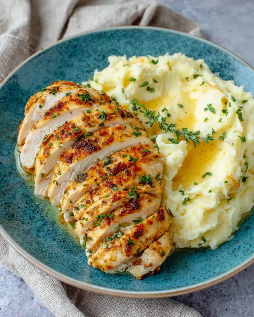 Sliced juicy baked chicken breast served with buttery mashed potatoes on a blue plate.