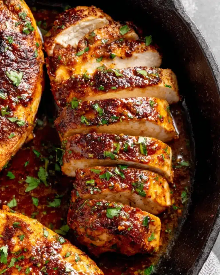 quick chicken recipe breast in a cast-iron skillet with butter glaze and herbs.