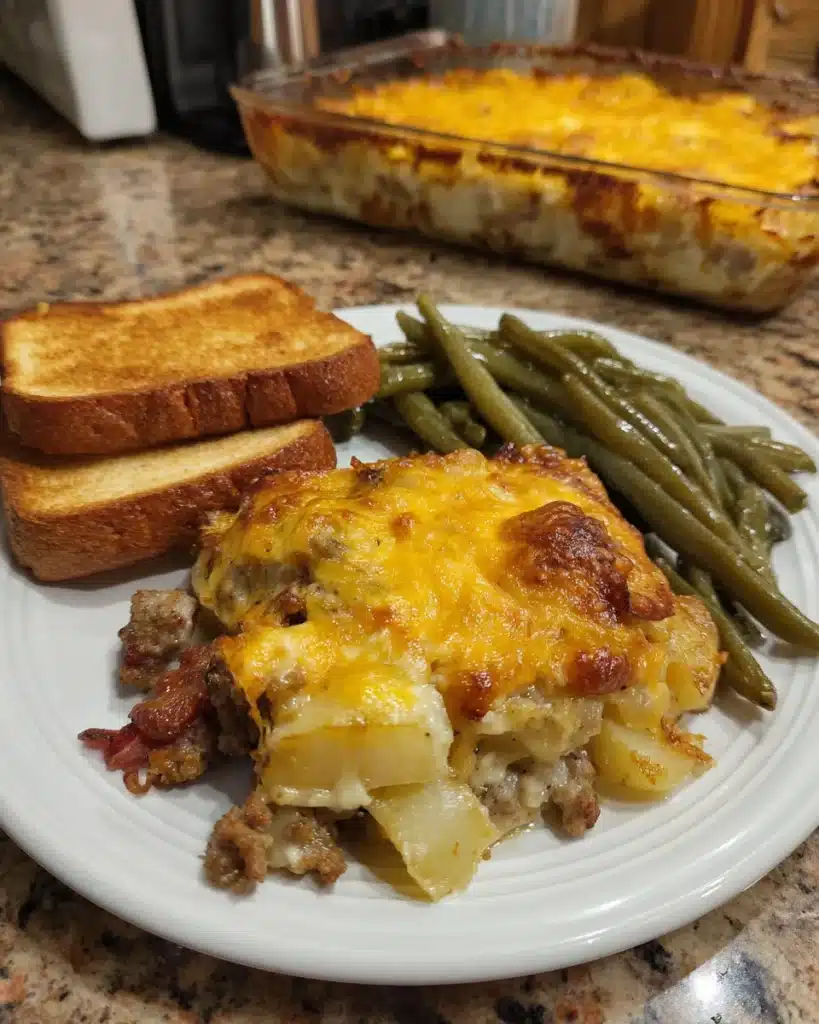 Cheesy potatoes and smoked sausage served with green beans and buttered toast on a dinner plate.