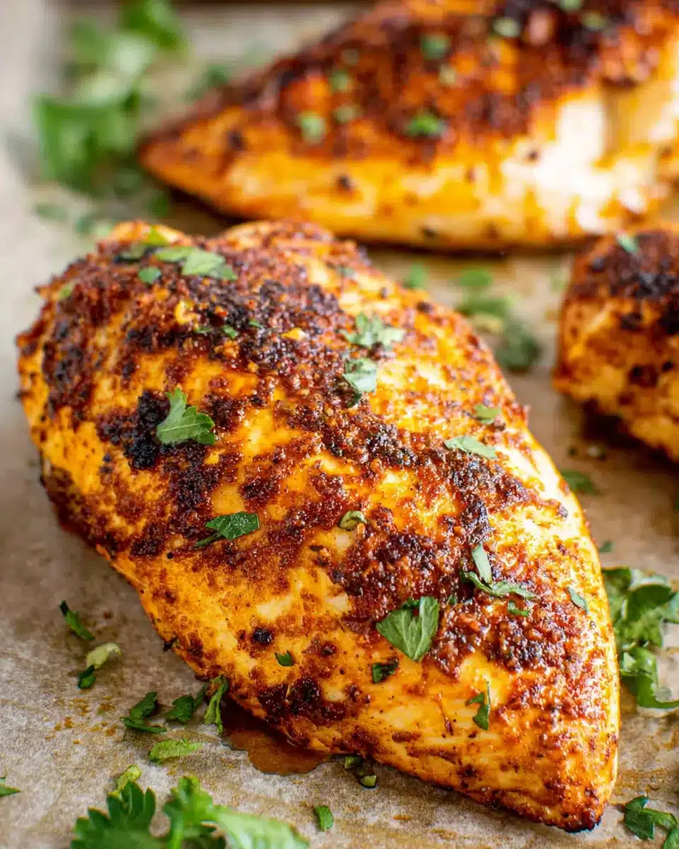Juicy oven baked chicken breast on parchment paper, golden crust with herbs and seasoning.
