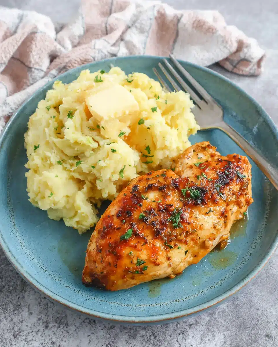 Overhead shot of juicy baked chicken breast with mashed potatoes on a plate. Juicy Oven Baked Chicken Dinner Plate – Easy Family Meal