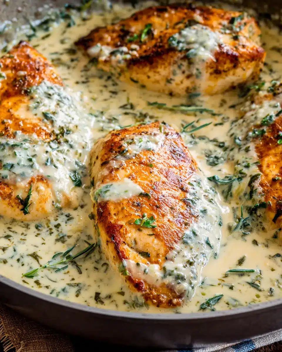 Creamy Garlic Parmesan Chicken Simmering in Skillet Overhead view of creamy garlic parmesan chicken simmering in skillet.