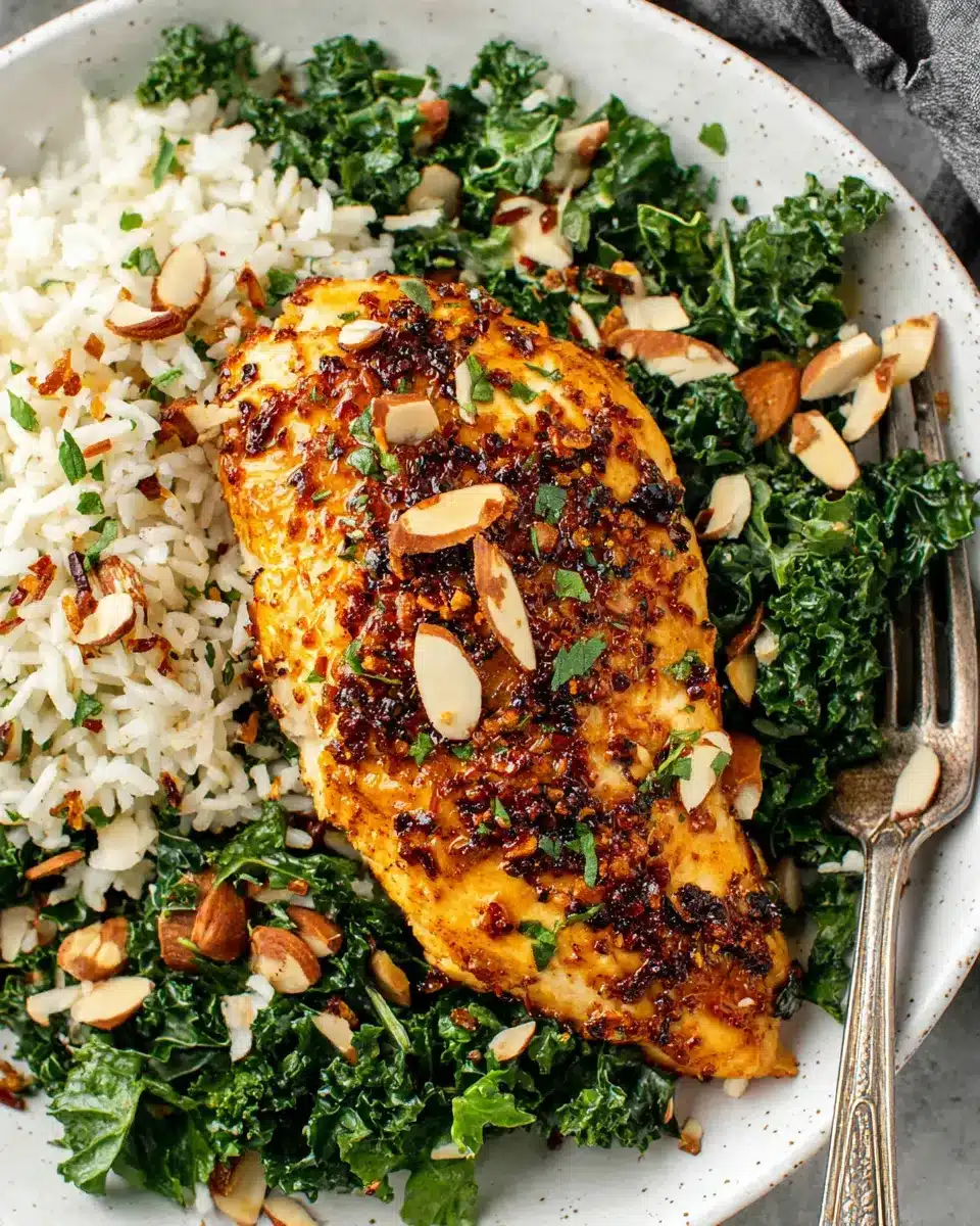 Perfect Baked Chicken Dinner Baked chicken breast served with rice, kale, and chopped almonds on a white plate.