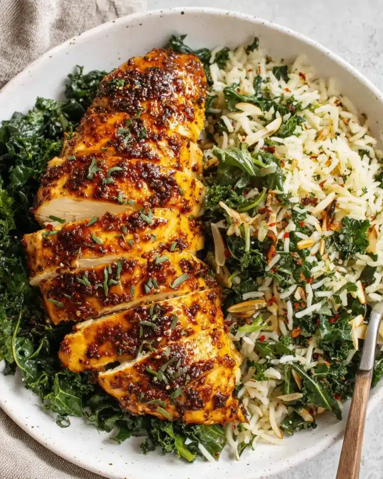 Sliced oven baked chicken breast served with rice, kale, and toasted almonds on a white plate.