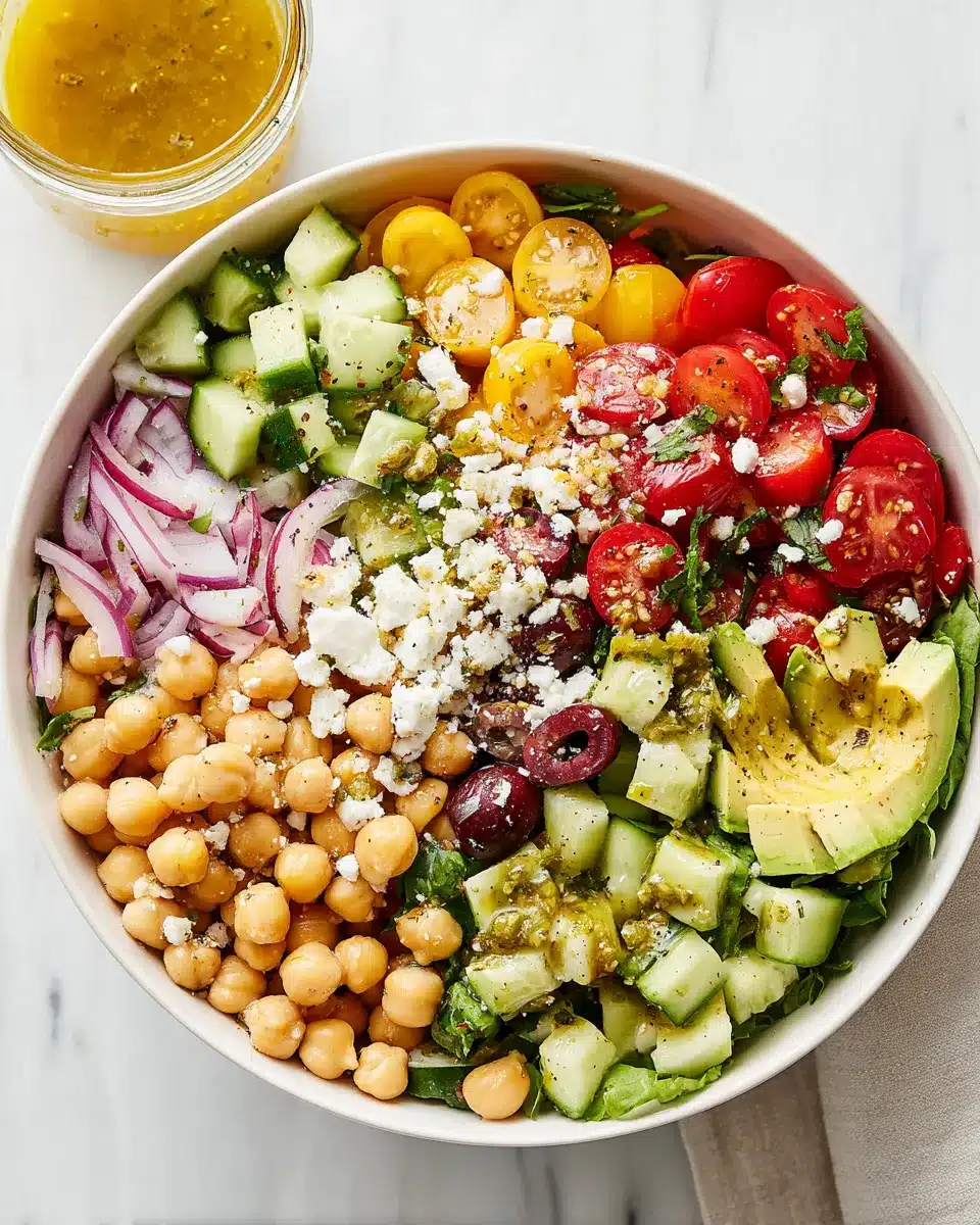 How to Make Fresh Chickpea and Avocado Salad – Step-by-Step Prep Colorful bowl of chickpeas, tomatoes, avocado, cucumber, and feta before mixing, with dressing in a jar beside it.