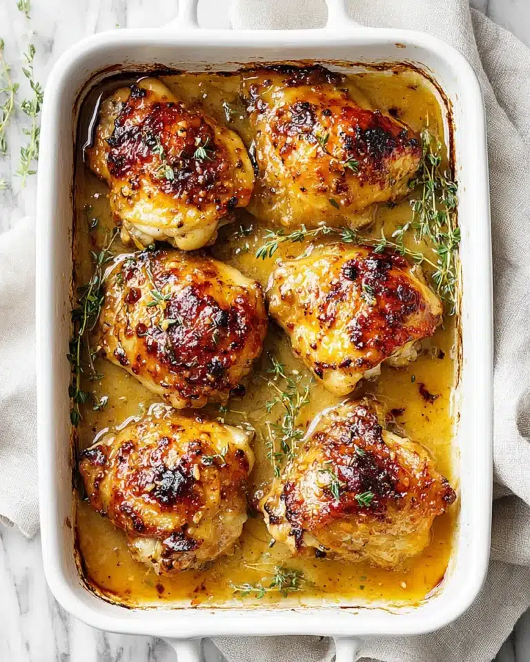 Golden brown baked honey mustard chicken thighs in white ceramic pan with thyme