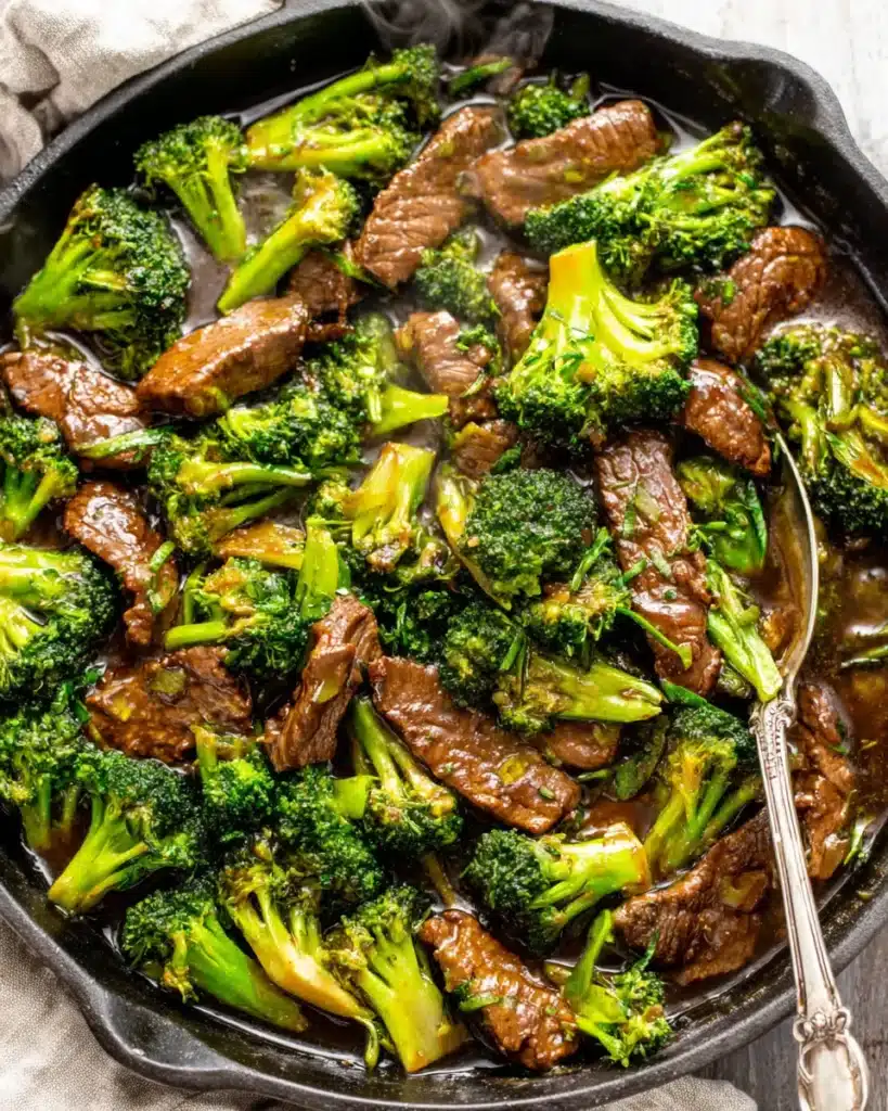 Tender beef and crisp broccoli tossed in a glossy garlic-ginger sauce — the ultimate one-pan skillet dinner.