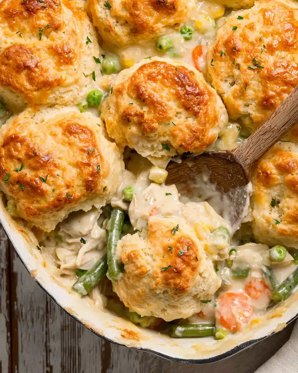 Close-Up of Cheddar Biscuit Chicken Pot Pie — Golden, Fluffy Biscuits Close-up of golden cheddar biscuits over creamy chicken pot pie filling with peas and carrots, sprinkled with parsley.