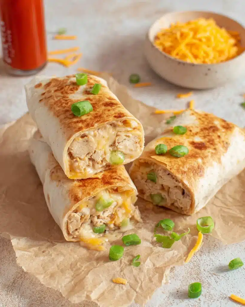 cheesy garlic chicken wraps recipe cut in half on parchment paper, filled with juicy chicken, melted cheese, and green onions, shot in warm natural light.