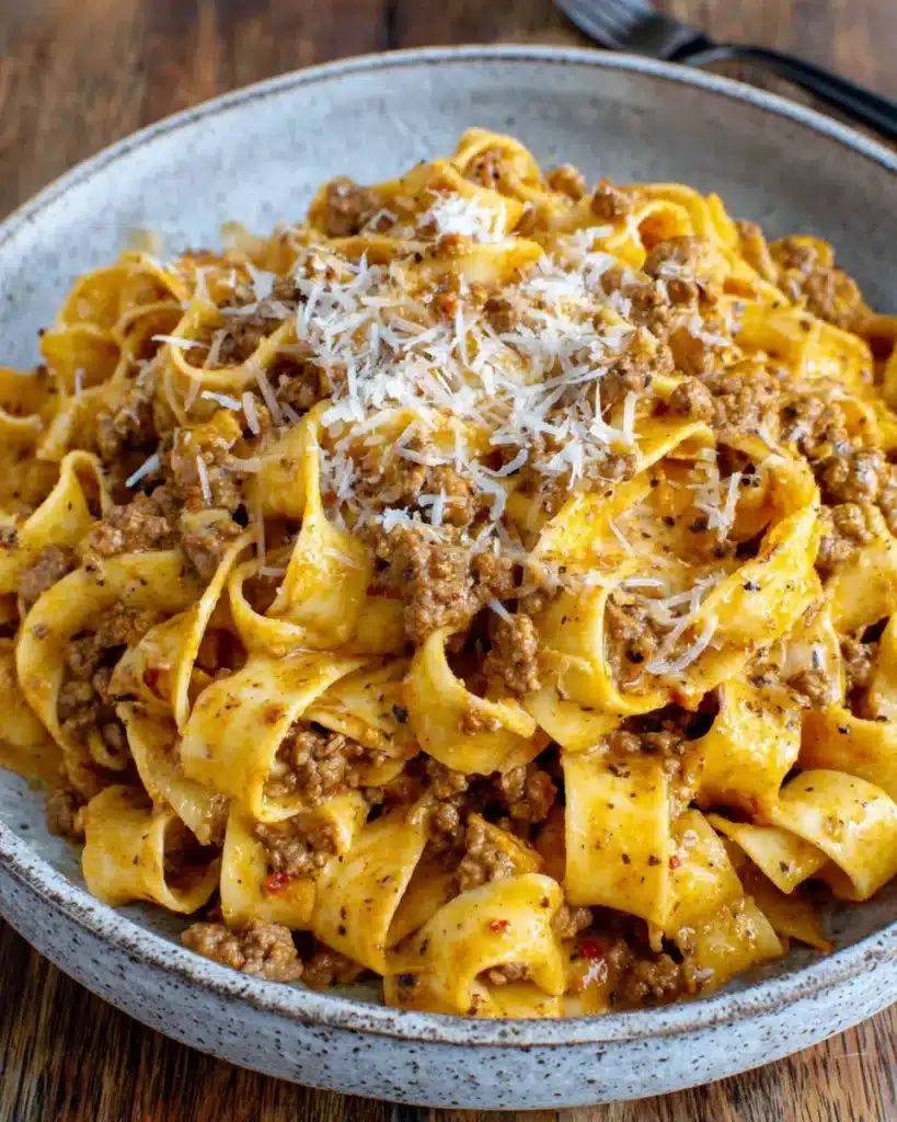 Close-up of creamy sausage pasta showing rich sauce, parmesan, and sausage texture.