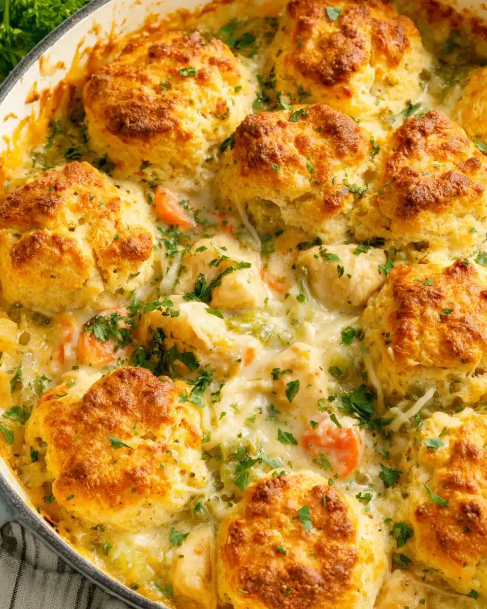 Scooping Cheddar Biscuit Chicken Pot Pie — Gooey and Delicious A spoon scooping creamy chicken pot pie with cheddar biscuit topping, showing tender chicken, peas, carrots, and green beans in rich sauce.