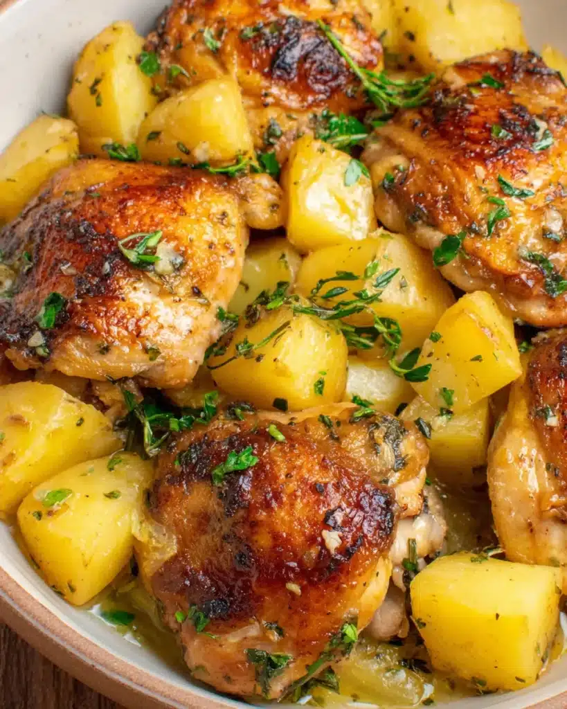Golden garlic butter chicken thighs with roasted potatoes in sauce.