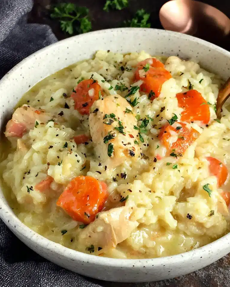 Creamy family chicken rice dinner with tender carrots, juicy chicken, and fluffy rice served warm in a white bowl
