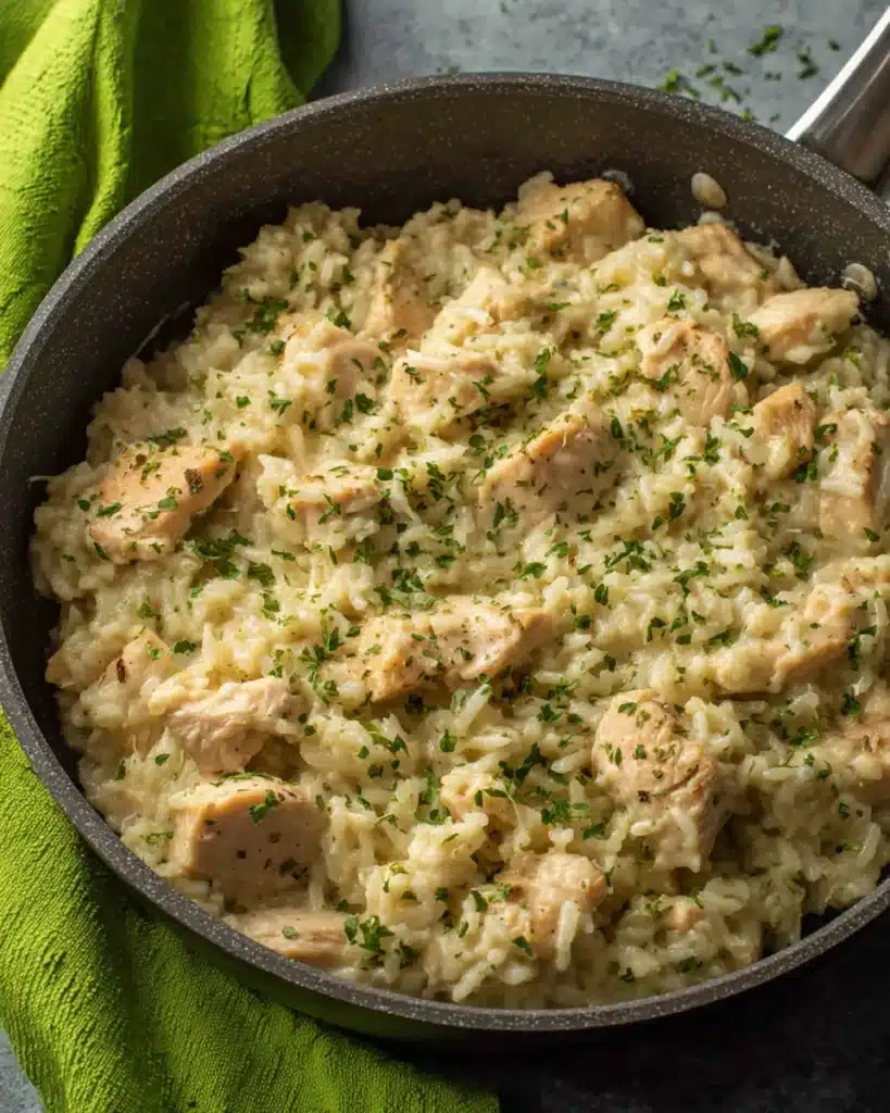 Creamy one pan chicken dinner with rice in a family-style skillet