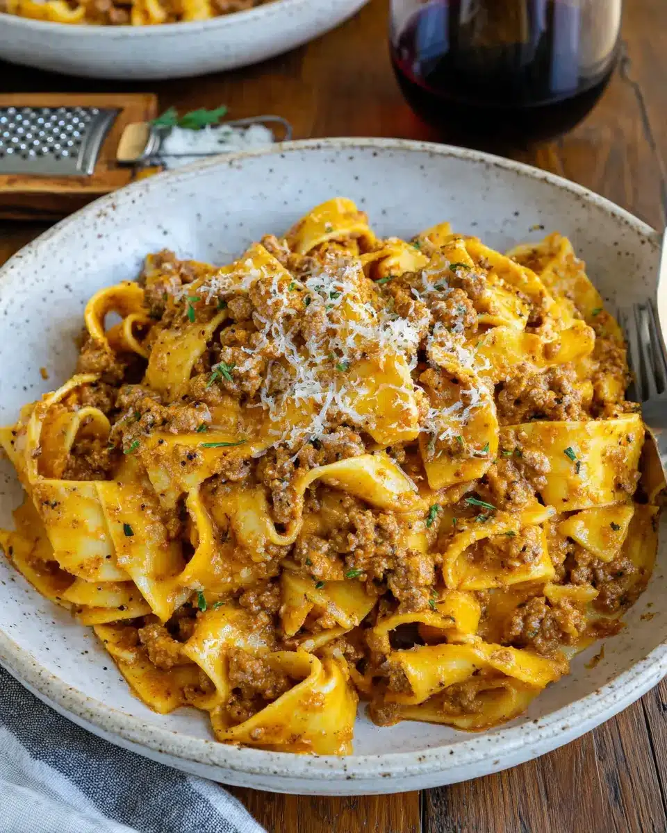 Creamy sausage pasta served on a rustic table with parmesan and a glass of wine.