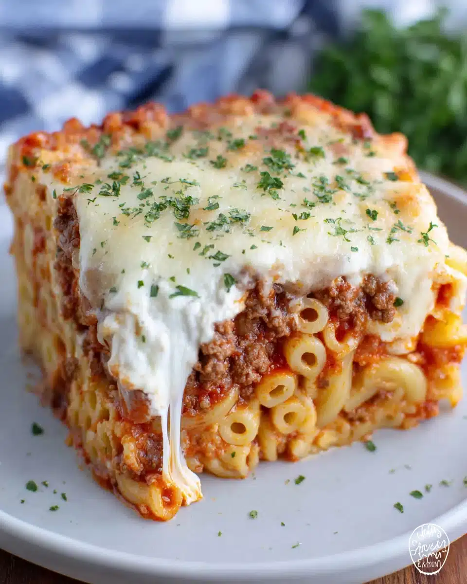 Cheese pull from baked ziti with ricotta and meat sauce.