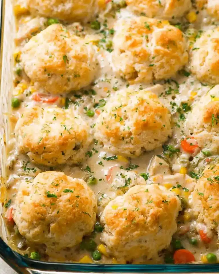 Overhead view of cheddar biscuit chicken pot pie baked in a glass casserole dish with golden cheddar biscuits and creamy chicken filling.
