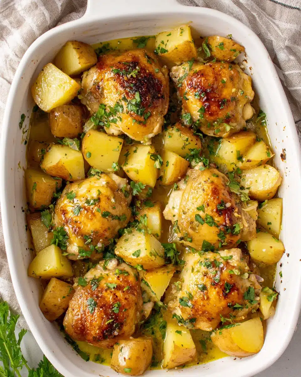 Garlic Butter Chicken and Potatoes One Pan – Overhead View Overhead view of garlic butter chicken and potatoes in