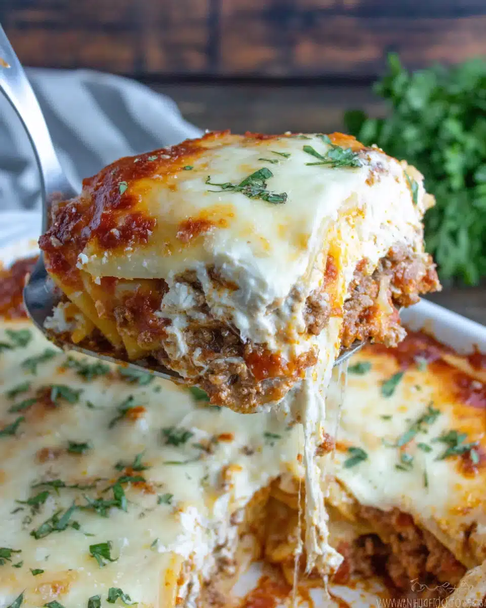 Overhead view of baked ziti with ricotta slice held above pan.
