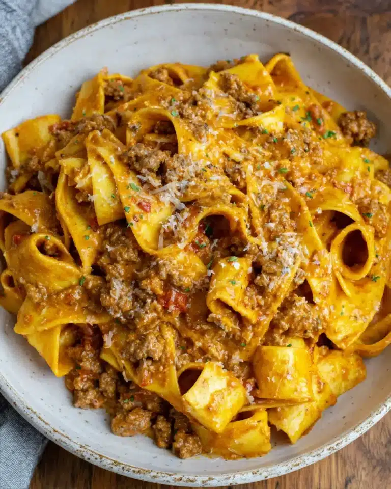 Overhead shot of creamy sausage pasta with pappardelle, sausage, and parmesan in a white bowl.