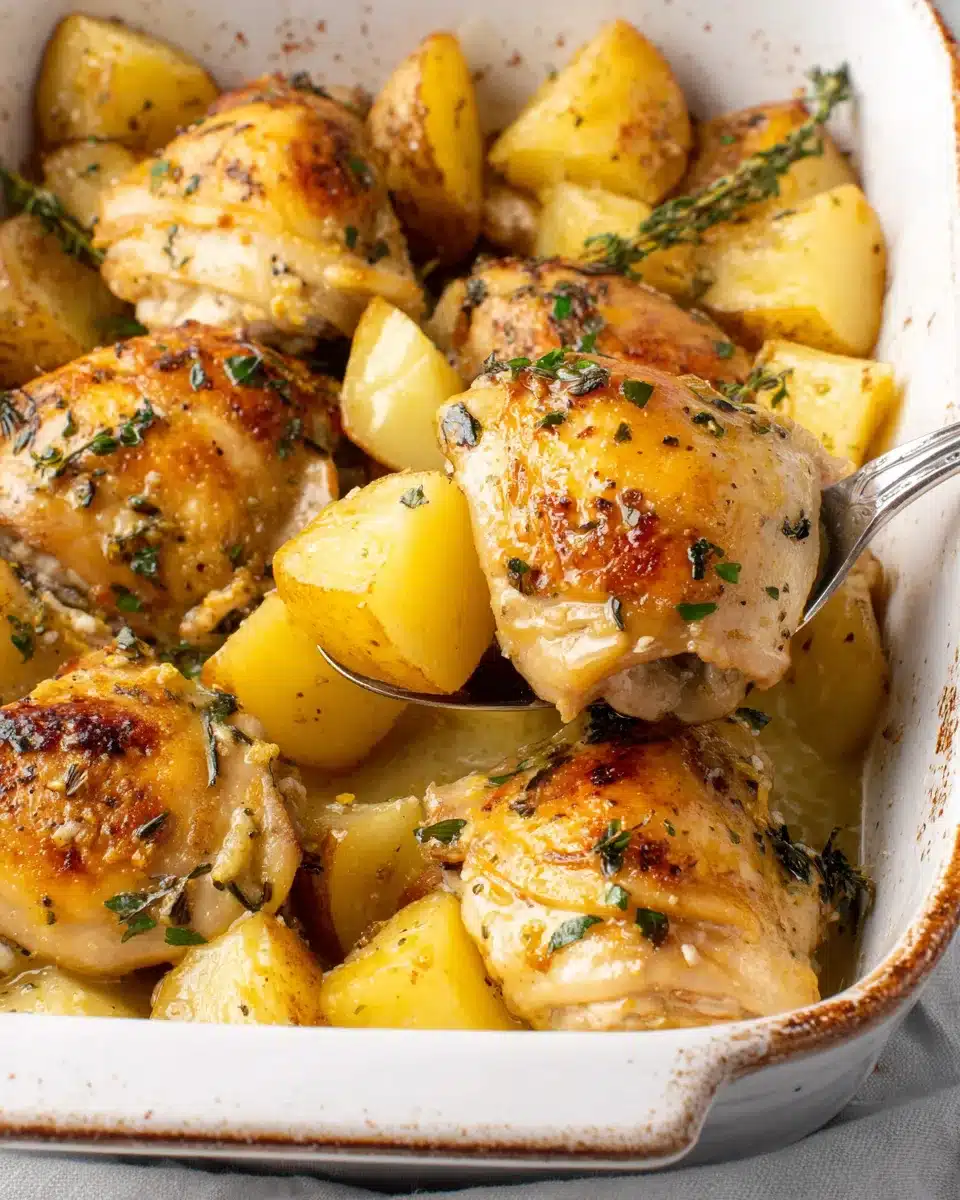 Garlic Butter Chicken and Potatoes – Ready to Serve Spoon lifting garlic butter chicken with potatoes from pan.