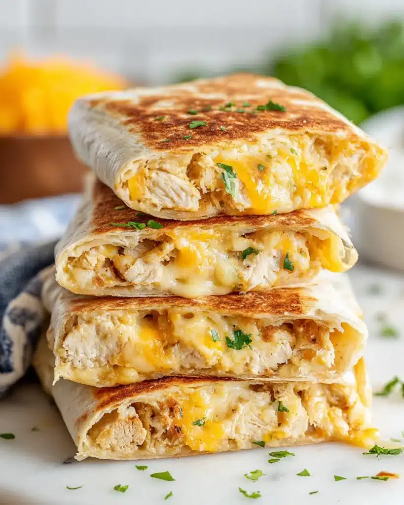 Stack of cheesy garlic chicken wraps on marble surface, golden and filled with melted cheese.