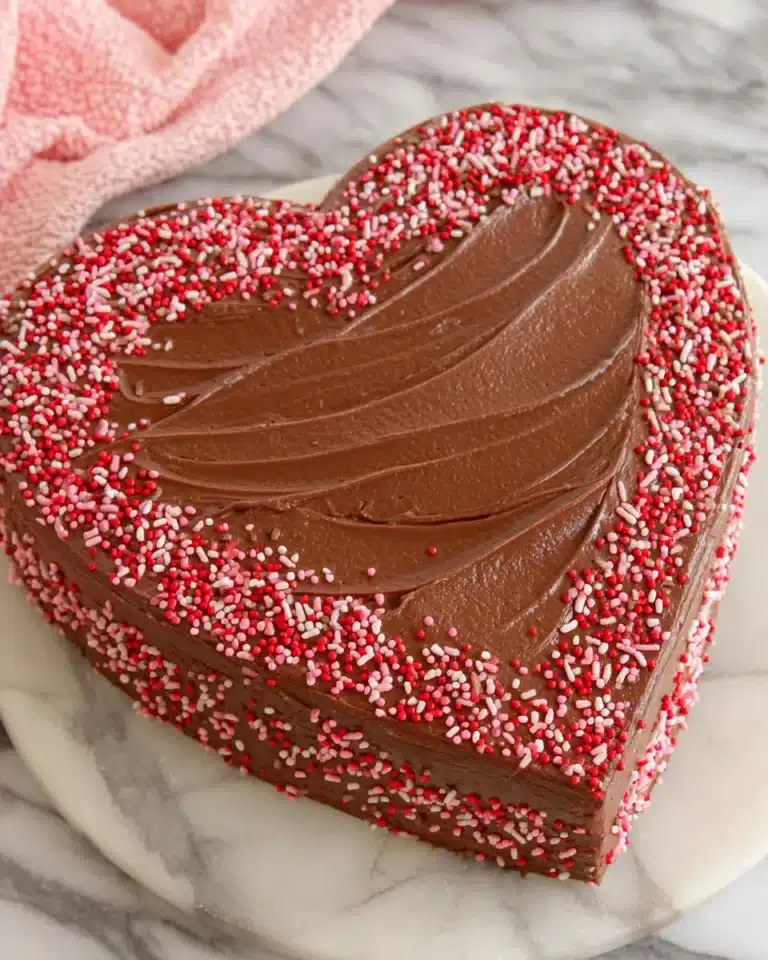 Heart-shaped Romantic Chocolate Valentine with silky frosting and red and pink sprinkles