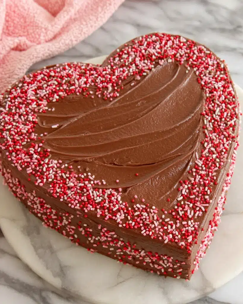 Heart-shaped Romantic Chocolate Valentine with silky frosting and red and pink sprinkles