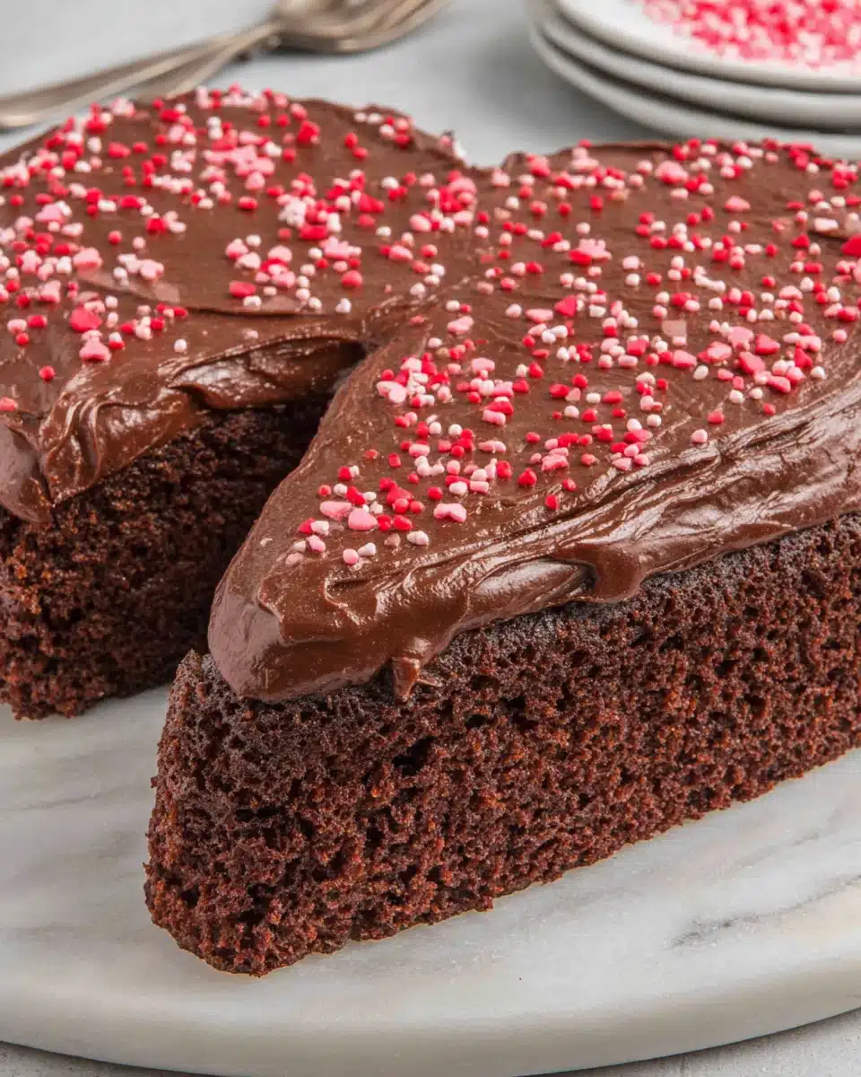 Heart-shaped chocolate valentine cake with shiny frosting and pink sprinkles