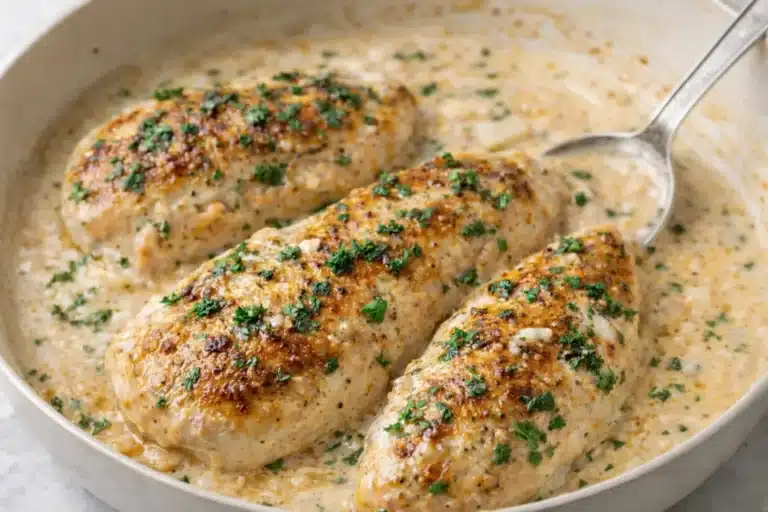 Creamy garlic chicken breasts cooked in a skillet with a rich garlic cream sauce and fresh parsley.