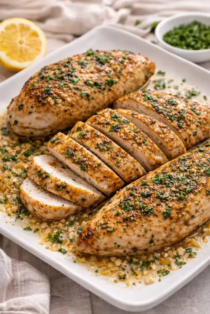 Never dry baked chicken breasts sliced and served in a baking dish with garlic butter juices and fresh herbs.