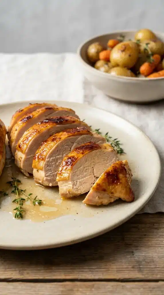 Fail proof chicken recipe with juicy oven baked chicken breast sliced and served with herbs