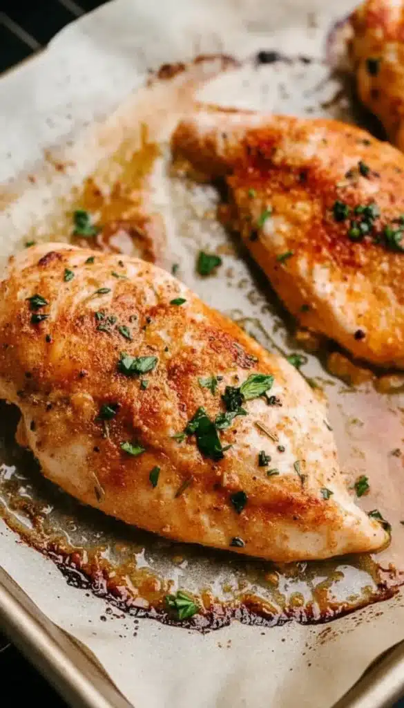Juicy weeknight chicken baked in the oven on a sheet pan with golden seasoning and herbs