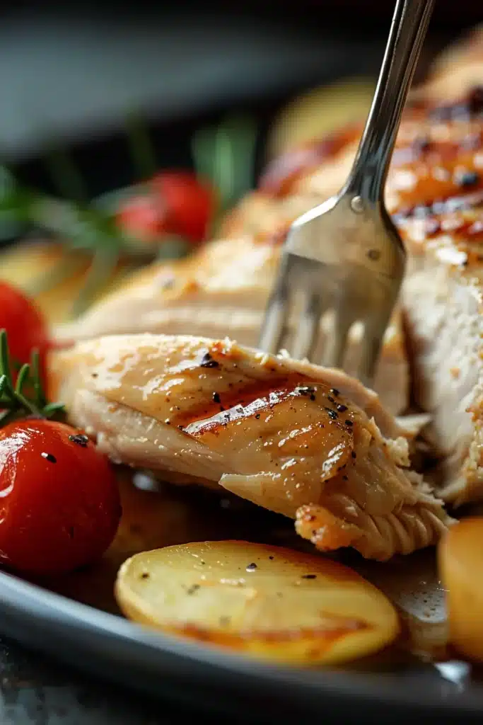 Fork cutting into a juicy baked chicken breast with roasted potatoes and cherry tomatoes