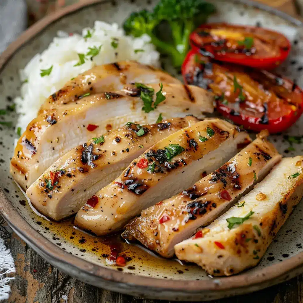 Simple juicy chicken dinner with sliced chicken breast served with rice and vegetables